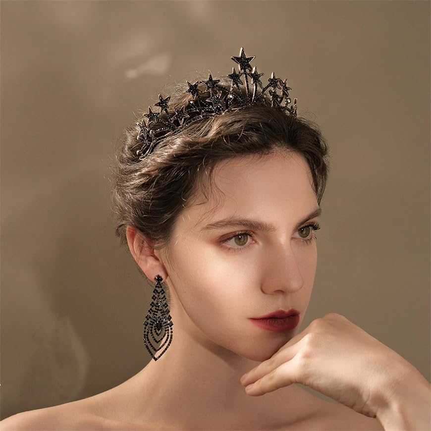 Dninmim Tiara da donna vintage con strass neri accessori per capelli fascia gioielli