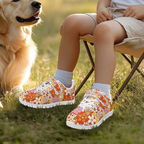 Boy Shoes Athletic Running Fashion Sneakers Walking Breathable Kids Girls Fitness Cross-Training Tennis Lightweight Shoes(Little Kid/Big Kid) White Sole Hippie Flowers Pattern3