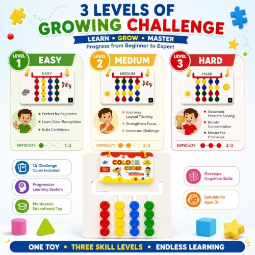 Image of Sky Tech Colour Coder Wooden Game Montessori Slide Puzzle Color & Pattern Matching Wooden Puzzle Learning Toys 15 Challenge Cards Logic Brain Game for Kids 4-8 Years Birthday Gift for Boys & Girls