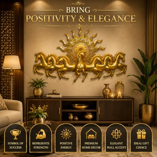 Image of iHandikart 7 Running Horses Metal Wall Art with Sun | Pack of 1, 36 x 21 Inch | Golden Vastu Horse Wall Decor for Living Room, Luxury Iron Wall Hanging Sculpture for Home, Office, Hallway & Entrance, 3D Metal Wall Decoration