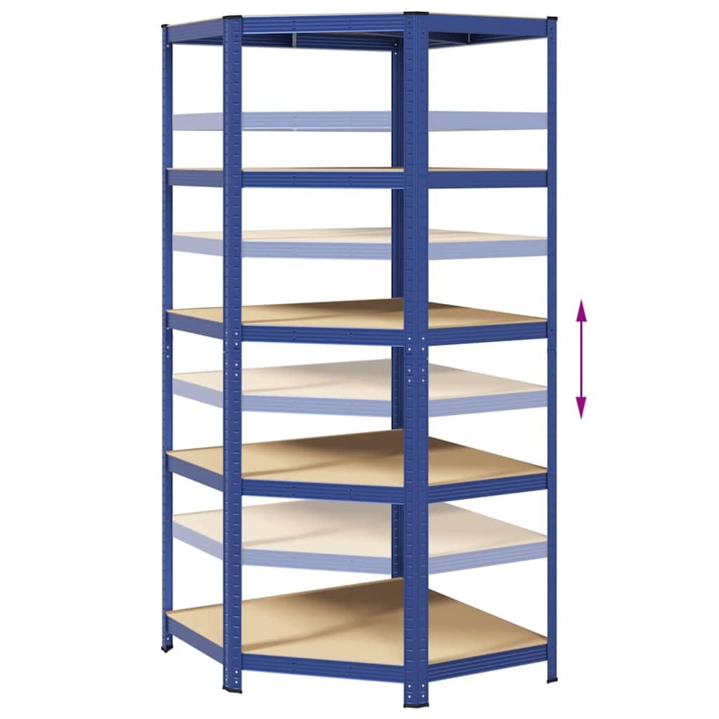 Scaffale angolare con 5 ripiani blu in acciaio e legno per garage