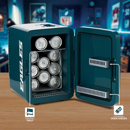 Image of Ukonic NFL Philadelphia Eagles 15-Can Mini Fridge 10L - AC /DC Powered, Official Team Colors & Logo, Portable Cooler for Tailgates, Home, Office, or Car