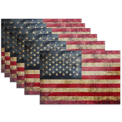 American Flag Placemats Set of 6,Retro Heat Resistant Table Mats Washable Place Mats for Party Kitchen Farmhouse Home Dining Holiday Decor 12x18 Inch by Snowmolle - Used condition - US$16.08
