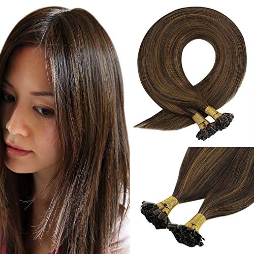 Sunny Keratin U Tip Hot Fusion Human Hair Extensions,Dark Brown with Medium Brown Highlight Remy Pre Bonded Fusion Hair Extensions 50g/pack, 22 Inch