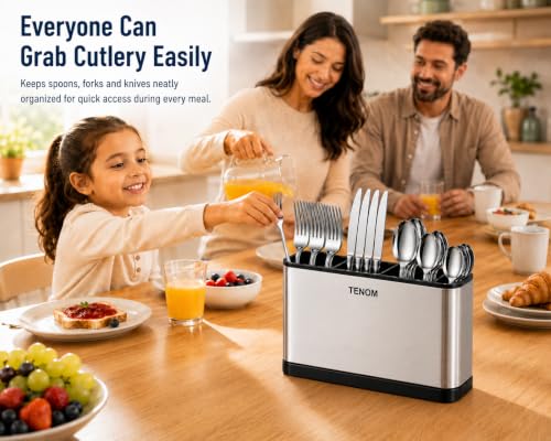 Image of Tenom Spoon Holder for Kitchen Countertop | Stainless Steel Spoon Stand & Cutlery Stand with Drain Tray | Rustproof Heavy Duty Utensil Organizer (Silver)
