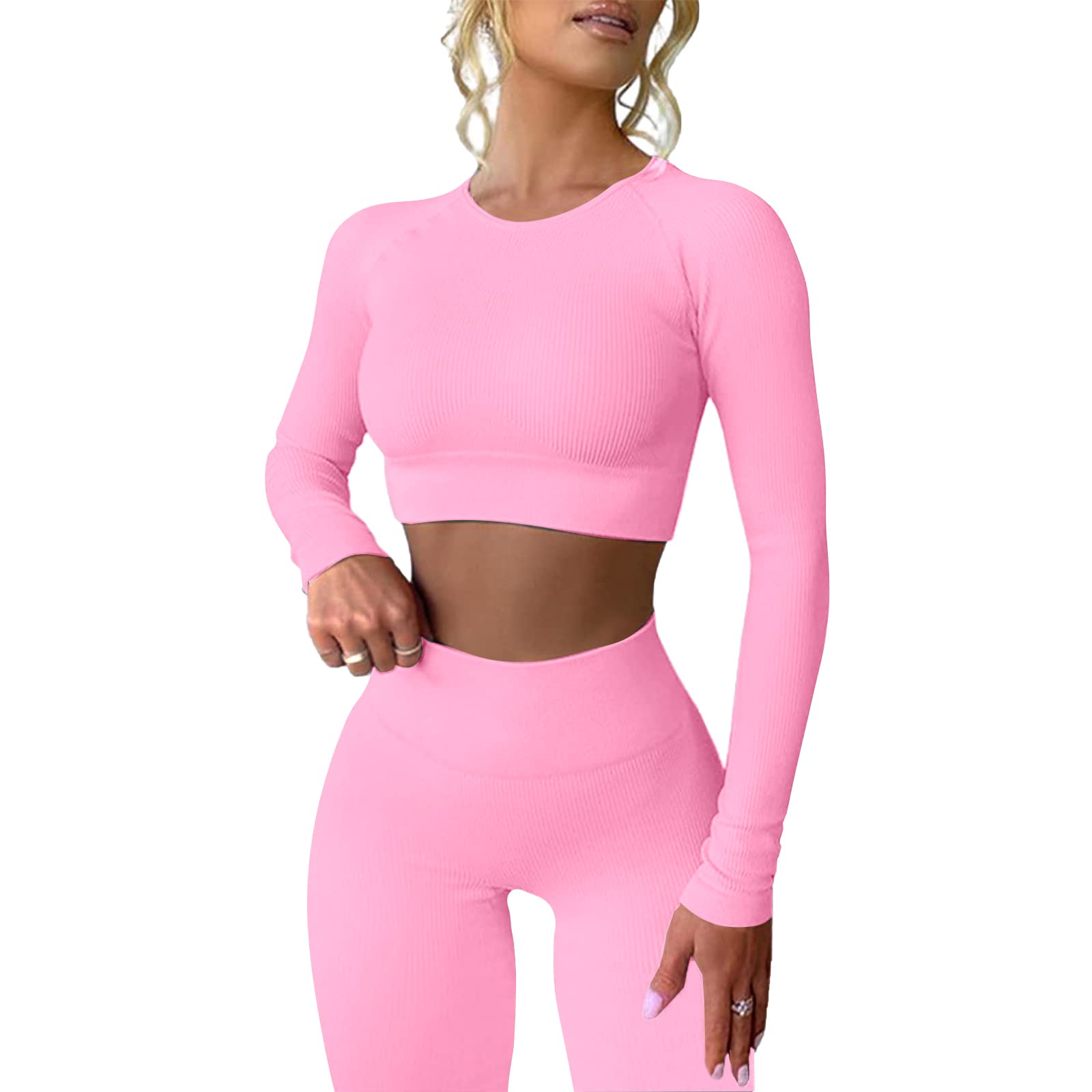 MAYROUNDWorkout Outfits for Women 2 Piece Ribbed Long Sleeve Crop Top High Waist Yoga Leggings Sets