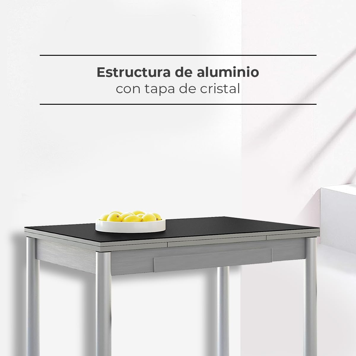 Tavolo Da Cucina Estensibile ASTIMESA, Alluminio Nero E Vetro, 90/140 X 50 Cm, Con Ali Aperte, Per Piccoli Spazi