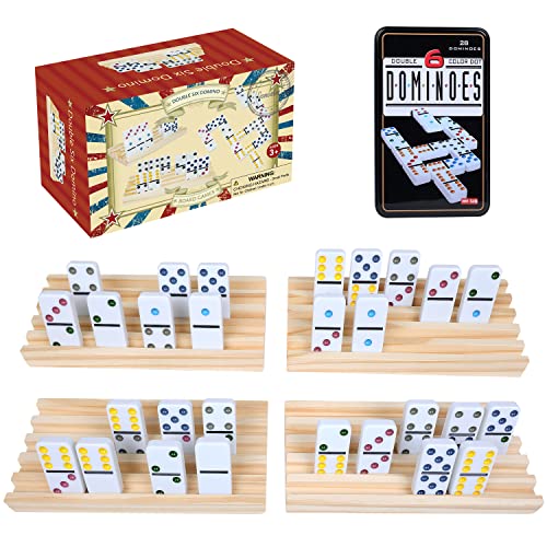 Gothink Double Six Dominoes With 4Pcs Wooden Trays/Racks/Holders, 28 Tile Colored Dots Domino Game Set With Tin Box, Classic Family Board Games For Kids, Adults And Families For 2-4 Players #TOP6