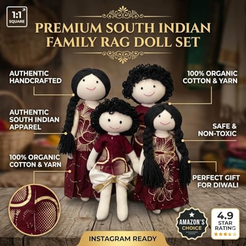 Image of Maroon Traditional Family Handcrafted Indian Rag Doll Set, Soft Cotton Fabric & Yarn Hair South Indian Cloth Dolls, Handmade Fabric Dolls for Kids, Decor & Gift (Set of 4)