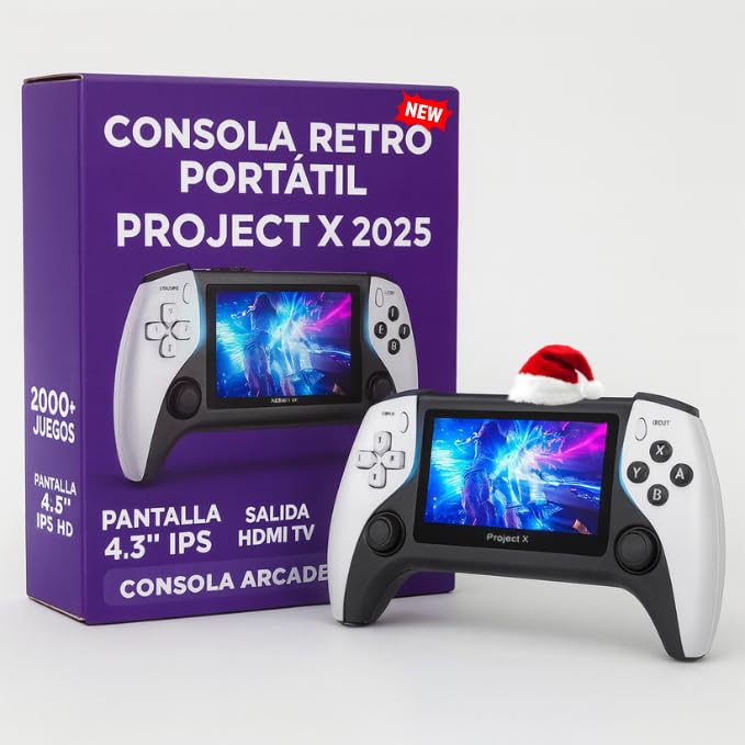 Project X 2025 Consola juegos retro para TV – Emulador consola retro arcade HDMI, portátil 4,3'' IPS, 2000 juegos, doble joystick 3D, consola retro HDMI para niños y adultos, blanca regalo ideal gamer