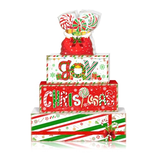 Britimes 4 Pcs Christmas Gift Table Decor Christmas Tiered Tray Decorations Set Gifts with Candy and Wrapping Block Signs Gift Rustic Farmhouse Tabletop Decor for Table & Home Office
