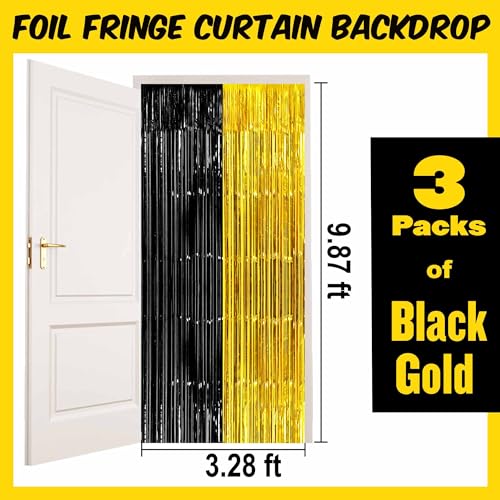 Image of 3 Pack Black and Gold Foil Fringe Curtains Backdrop, 3.28 x 9.8 Ft Metallic Streamers Tinsel Curtains Background for Photo Booth, Birthday, Halloween, Christmas, New Year Party Decorations