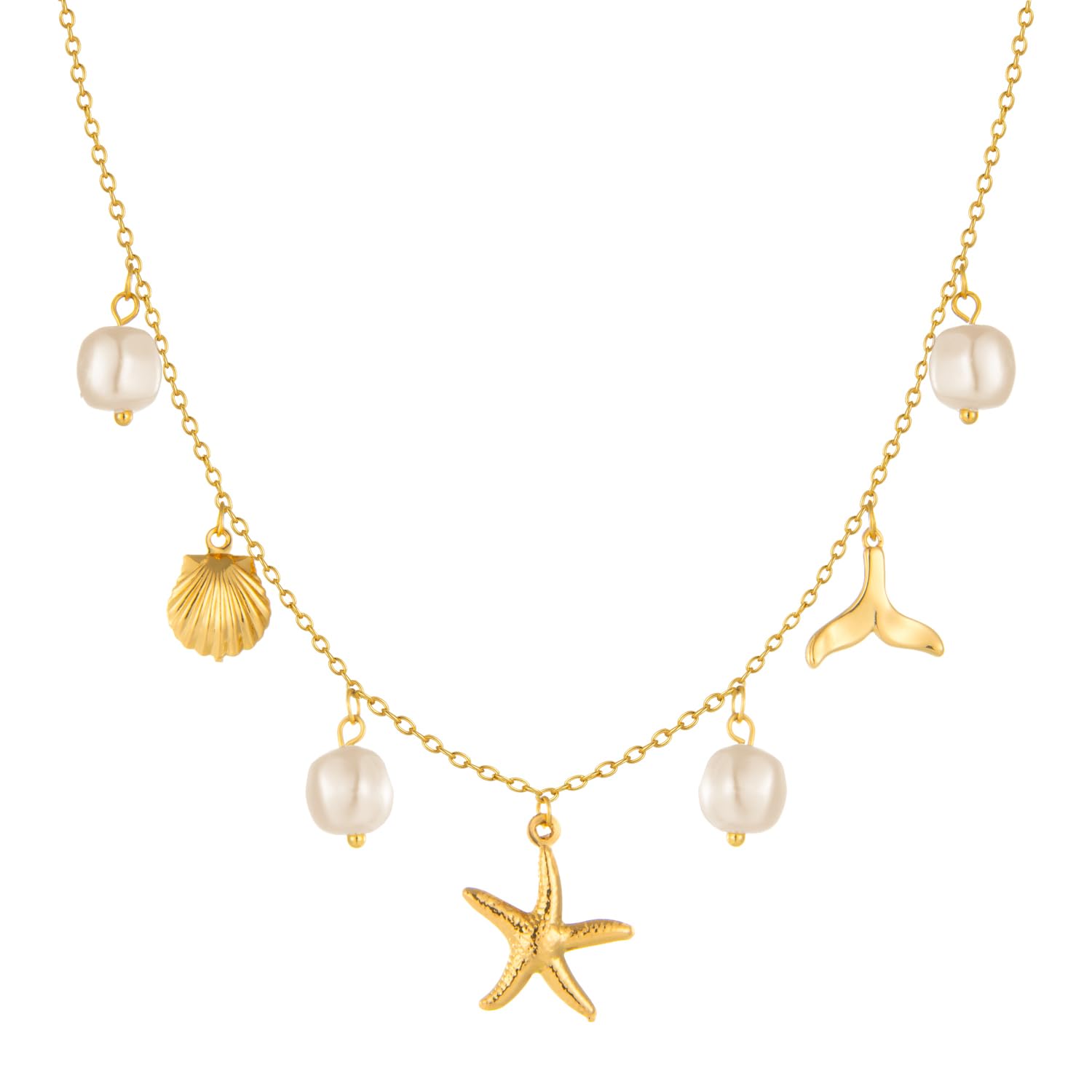 Collar con dijes para mujer, perla, estrella de mar, concha, oro de 14 quilates, regalo de joyería para surfista de playa de verano, mediano, latón,