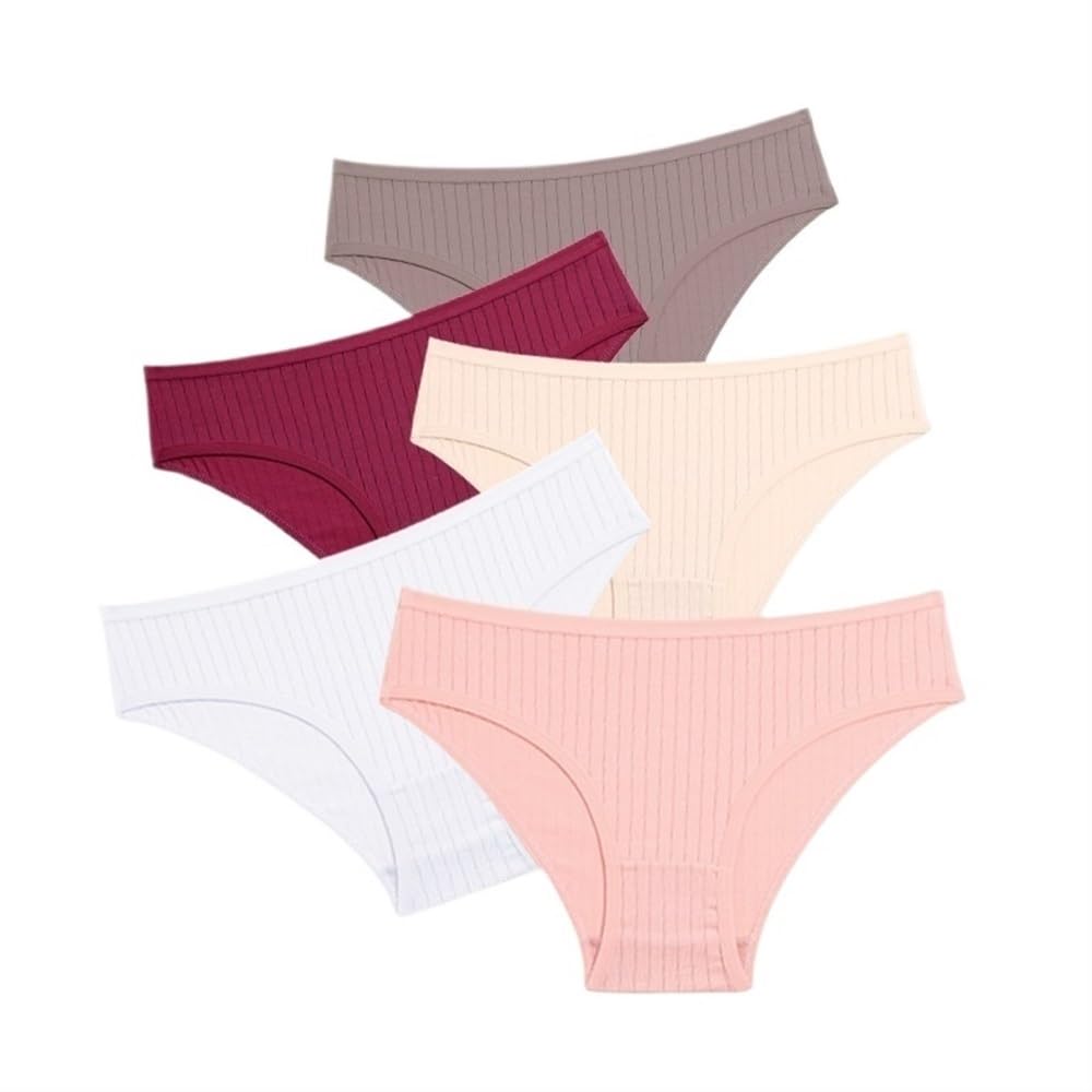 Juego de 5 piezas de ropa interior de algodón acanalado a rayas para mujer, talla grande, 10 colores sólidos, ropa interior elástica para mujer, lencería suave L-5XL (juego de 9, 5 unidades