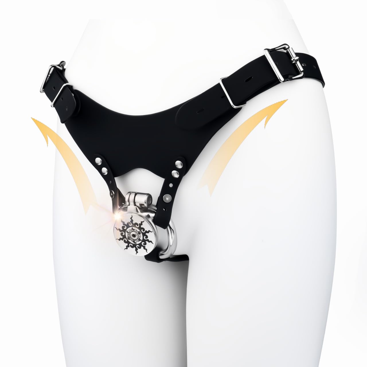 Flat Chastity Cage,Premium Stainless Steel Male Chastity Device, Black Metal Belt with Sun Pattern Lock, 2.5cm Waist Ring, Includes Keys and Accessories