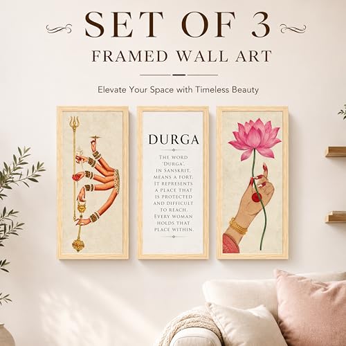 Image of Durga Wall Art Painting Set of 3 Framed Posters For Living Room, Hindu Goddess Religious Poster, Lotus & Trishul, Spiritual Indian Painting, Sanskrit for Living Room, Office, Home Decor (Size 24x48)