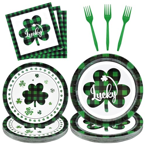 96 Pieces St. Patrick’s Day Tableware Set – Green and Black Plaid Shamrock Disposable Plates, Napkins, and Forks for Irish Party, Lucky Clover Celebration St. Paddy’s Day Dinner – Serves 24 Guests