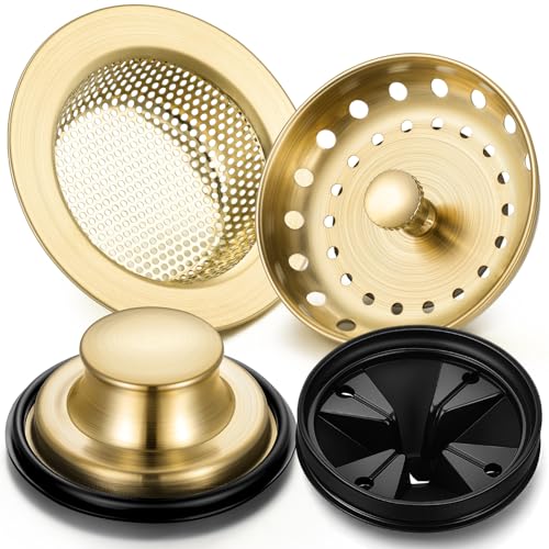 Image of 4 Pcs Light Gold Kitchen Sink Accessories Garbage Disposal Splash Guards 3.4'' Sink Drain Strainer and Stopper Stainless Steel Garbage Disposal Plug for Kitchen Drain Strainer