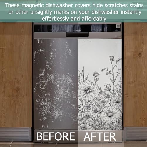 Image of Dishwasher Cover,Black and White Wildflower Reusable Dishwasher Magnet Cover,Decorative Modern Minimalistic Line Drawings Magnetic Refrigerator Cover Front Panel Cover for Kitchen Decor 23x26 Inch