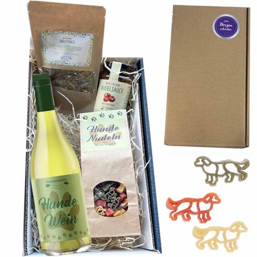 Geschenkset Hunde // Feinkostgeschenk Hunde mit Hunde-Nudeln, Hunde-Wein, Nudelsoße und Kräuter