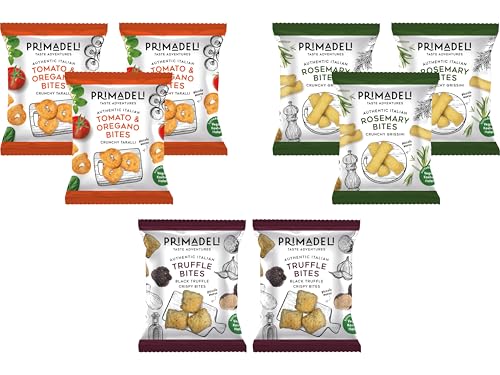 Primadeli - Taste Adventure - Tomato & Oregano Bites, Truffle Bites, Rosemary Bites - Vegan - (Variety Box) - 25g x 8 bags
