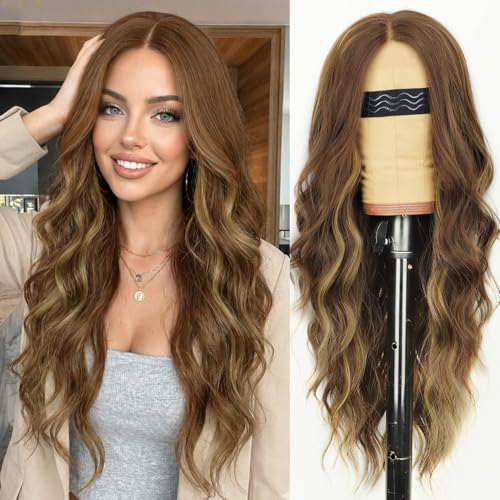 Image of AISI HAIR Caramel Brown with Blonde Highlights Wig for Women, Long Wavy Lace Hairline Middle Part Synthetic Heat Resistant Wig for Daily Party-26 Inch