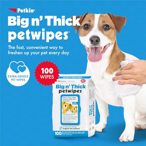 Image of Petkin Big n' Thick Petwipes for Dogs and Cats, Wipes Away Daily Dirt and Odor, Cleans Face, Ears, Body and Eye Area, Super Convenient, Ideal for Home or Travel 100 Wipes | Big N Thick Pet Wipes