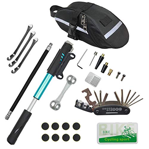 CHUMXINY Bicycle Repair Kit, Bike Tire Repair Tool Kit Contains 16-in-1 Tool, 120Psi Mini Bicycle Pump, Bicycle Tire Patch Kit, Used for Mountain Bike and Road Bike.(Blue)