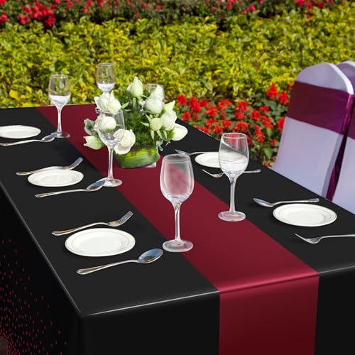 Image of 3Pcs Black and Maroon Tablecloth Party Decorations,Plastic Black Table Cloth Printed Maroon Table Runner Disposable Rectangle Table Cover for Birthday Wedding Graduation Anniversary Party,54x108Inch