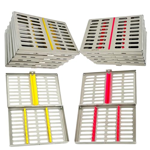 Dental Instrument Sterilization Cassette Boxes - Fits 10 Instruments Simultaneously - Removable Pink & Yellow Silicone Inserts - Lot of 10pcs