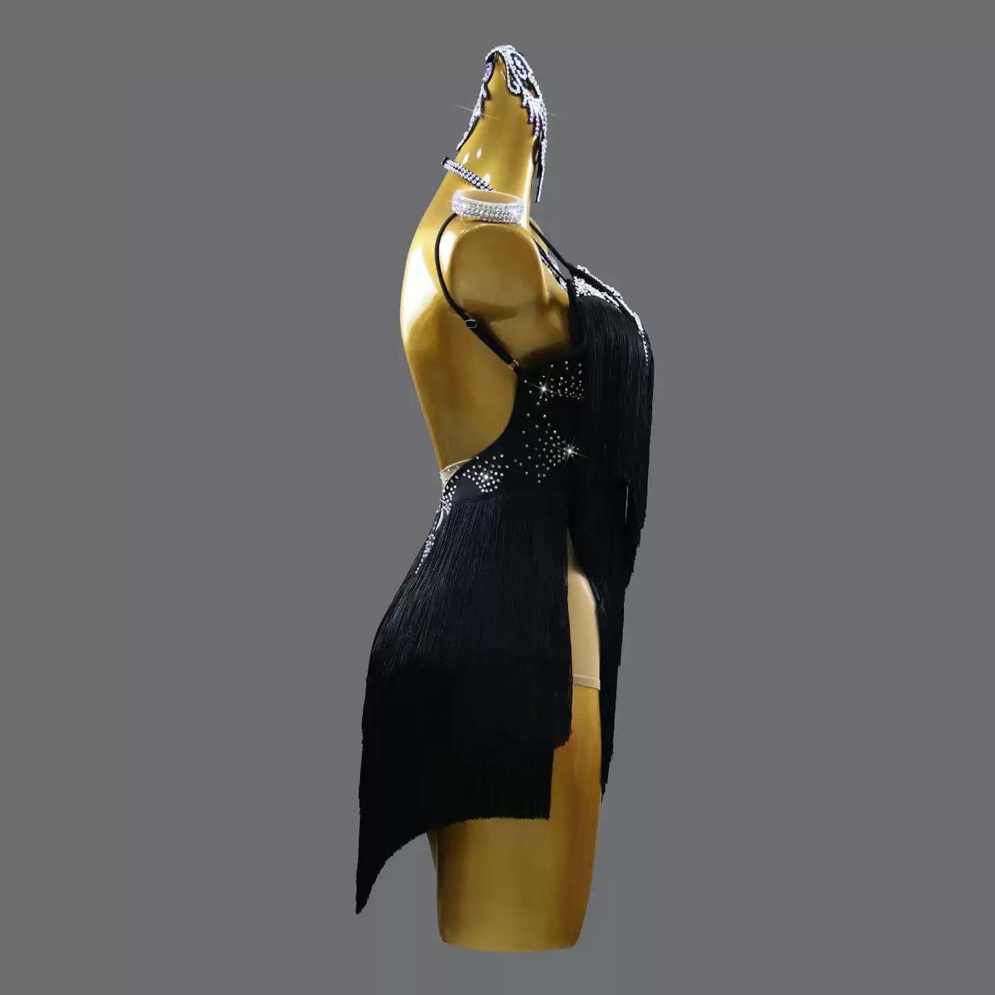 Damen Fransen Latein-Tanzkleid Glitzernde Strasssteine Spaghettiträger Salsa Tango Cha-Cha Tanzkostüm Set