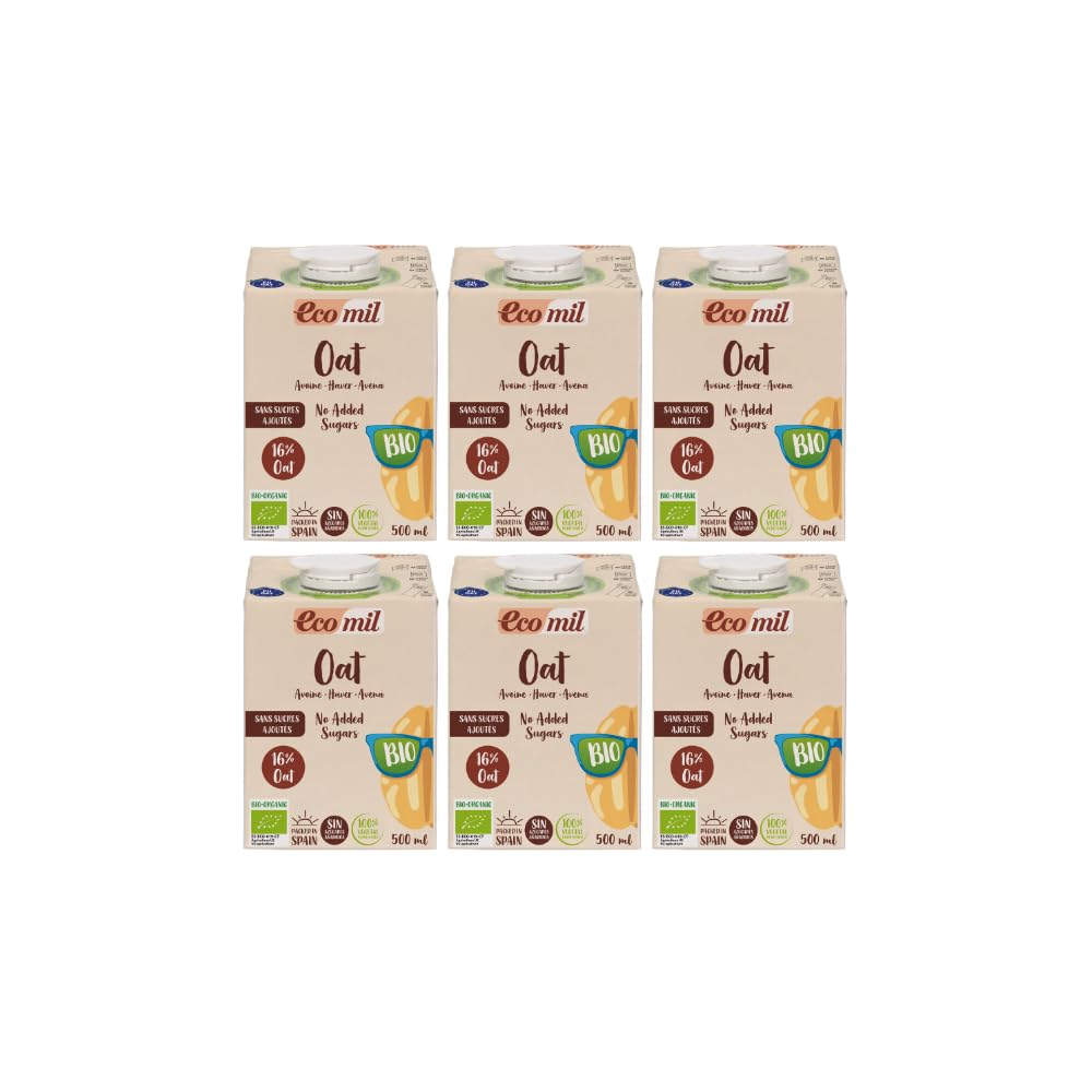 Ecomil Bebida de Avena 16% Bio Pack 6 x 500 ml, Sin Azúcares Añadidos, Vegana, Alternativa a la Leche