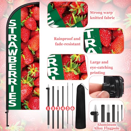 Image of Remagr 2 Pack Strawberries Feather Flag 7 ft Advertising Swooper Flag Sign Windless Strawberries Banner with Pole Kit and Ground Stake for Business Farm Fruit Stand Cart Decor
