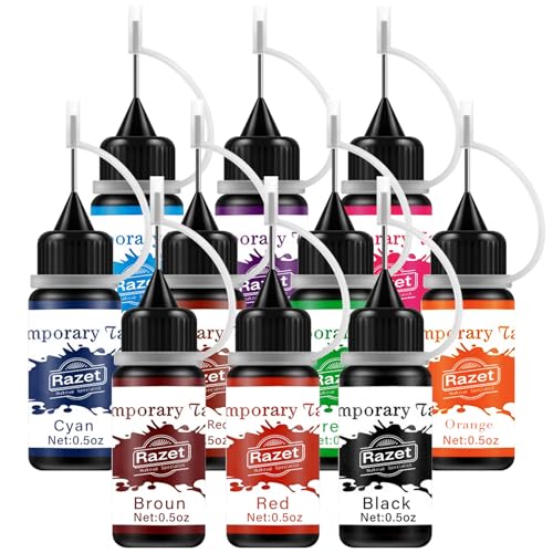 Encre Tatouage Ephemere,15ml 10 Flacon (Noir,Marron,Rouge,Bleu,Vert,Rouge profond,Rose,Cyan,Violet,Orange) Encre Naturelle et Sûre pour Pochoir Tatouage –...