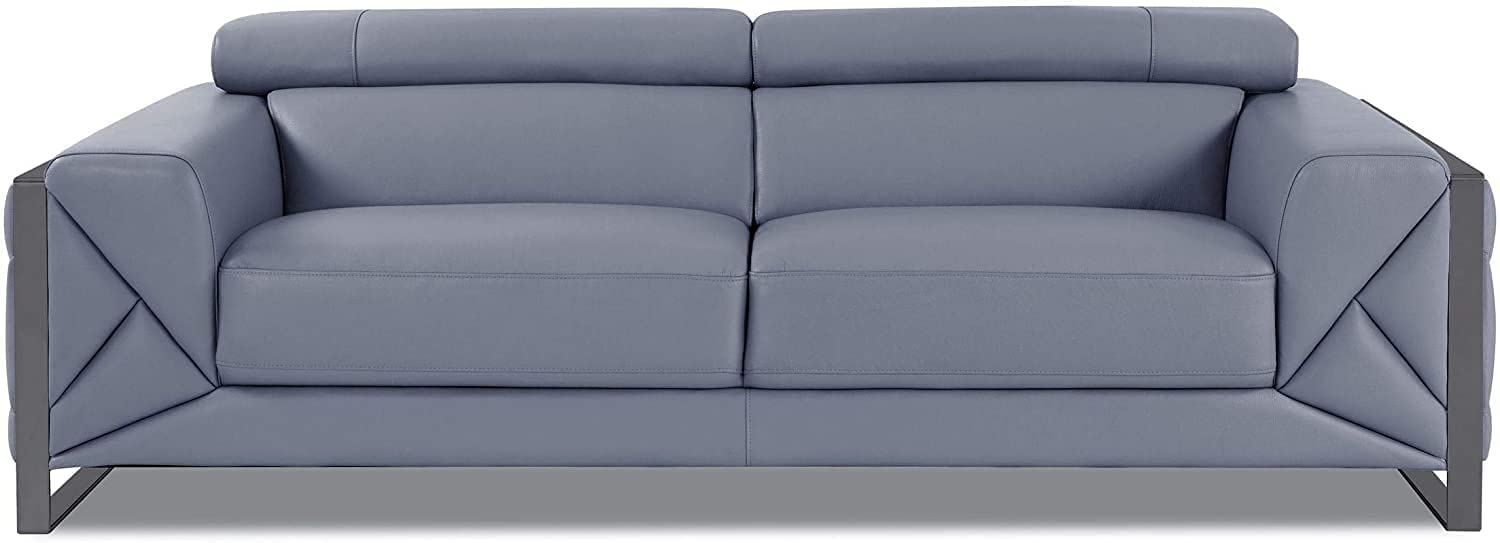 BlackJack Furniture Gianni Top Grain Italian Leather Sofa with 9-Position Adjustable Headrests, Contemporary Geometric Pattern, Chrome Hardware & Durable Hardwood Frame, Light Blue