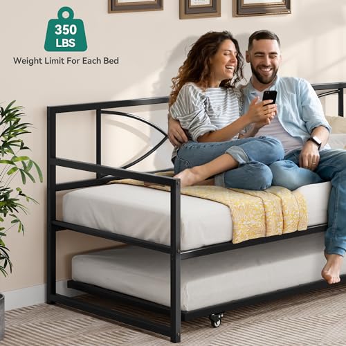 DWVO Twin Daybed Frame with Trundle, Metal Sofa Bed with Adjustable Height, Twin Size Mattress Foundation with Steel Slat Support for Guest Room Living Room - Black