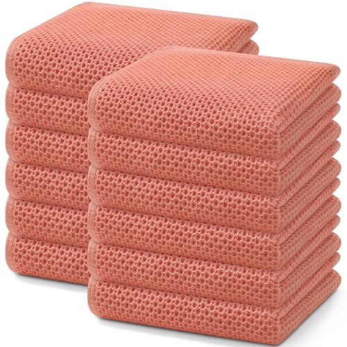 Image of Homaxy 100% Cotton Waffle Weave Kitchen Dish Towels, Ultra Soft Absorbent Quick Drying Cleaning Towel, 13 x 28 Inches, 12-Pack, Coral