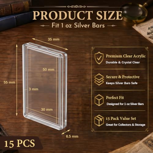 Image of Geiserailie 15 Pcs 1 oz Silver Bar Holder Case, Clear Acrylic Silver and Gold Bar Holder Capsule Storage Container Box for 1 Ounce