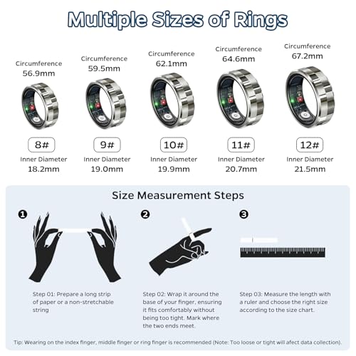 Smart Ring Health Tracker, Sleep Tracker Ring with Heart Rate, Waterproof Fitness Ring for Activity Monitoring/Steps/Distance/Calories,Air Gestures,Up to 7Day Battery,for iOS Android(Stylish Silver#8)