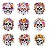 9pcs Sugar Flowers Skull Punk Patches for Clothes Heat Transfer Thermal Stickers DIY T Shirt Iron On for Women Fashion Appliqued