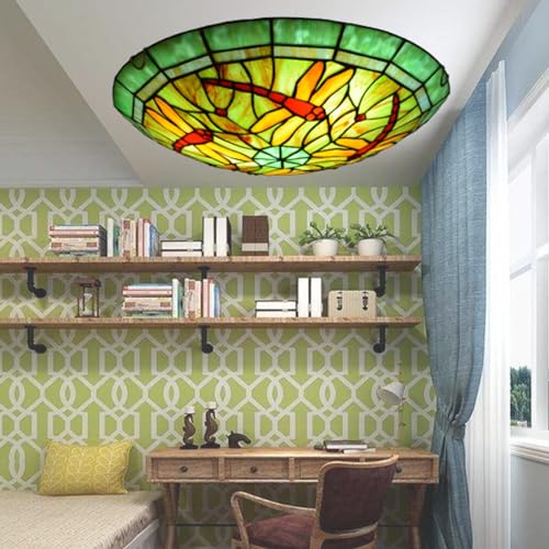 Vendimia Lámpara de Salón Plafón E27 Antiguo Tiffany lámpara de techo Rústico Verde Libélula Diseño Dormitorio Luz colgante Vidrio Pintado LED iluminación Retro para Oficina Comedor Balcón Bar (30cm)