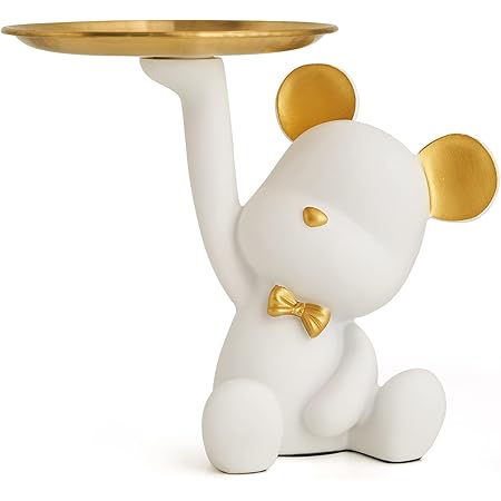 Ceramic Rabbit Key Tray & Trinket Dish - 7x7.3 Inch Silver Bunny Statue For Entryway, Desk, Or Dresser