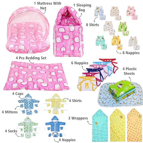 Image of Infantbond 56 in 1 New Born Baby Complete Daily Items Combo (0-6 Months) (Apple) (Pink Kitty)