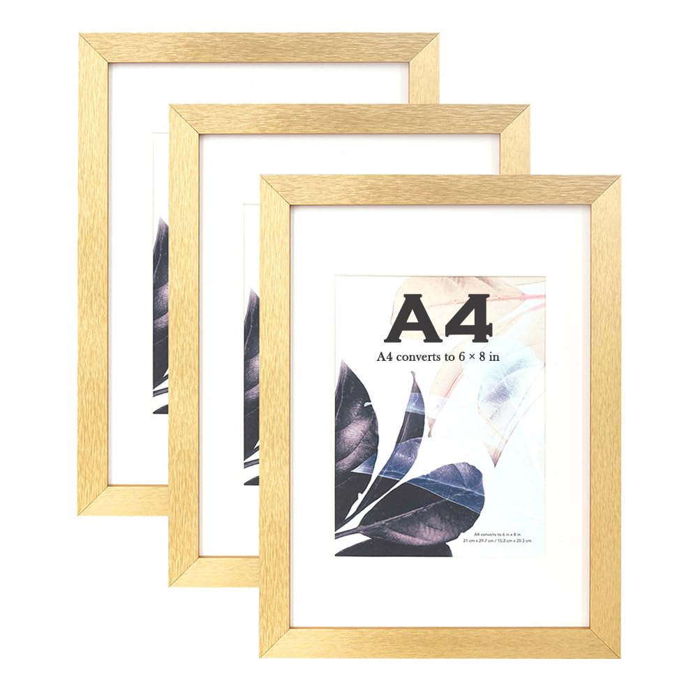 Gold Wooden Picture Frame A4 with Mount,Set of 3,A4 Frame,A4 Picture Frame,Freestanding and Wall Mountable