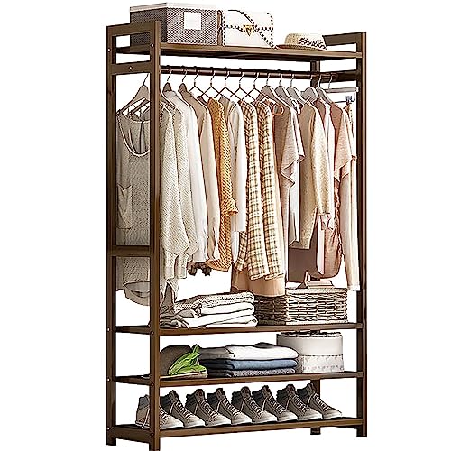 Perchero de bambú resistente con almacenamiento de zapatos de 2 niveles, riel de ropa duradero, ganchos para abrigos y bolsos, soporta 120 kg, solución de almacenamiento elegante y funcional