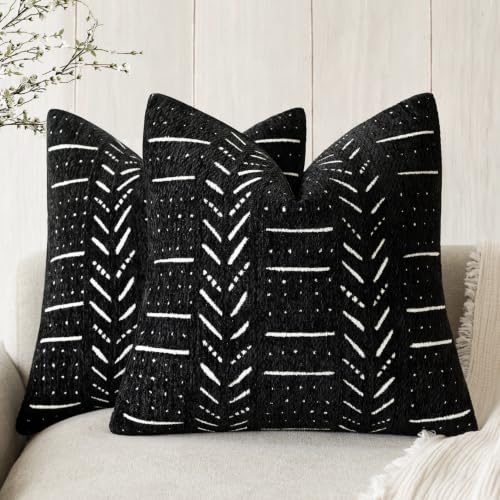 Image of Foindtower Set of 2 Decorative Chenille Jacquard Throw Pillow Covers Textured Farmhouse Vintage Cushion Covers Modern Boho Accent Home Decor for Sofa Chair Couch Bedroom Living Room,18x18 Inch,Black