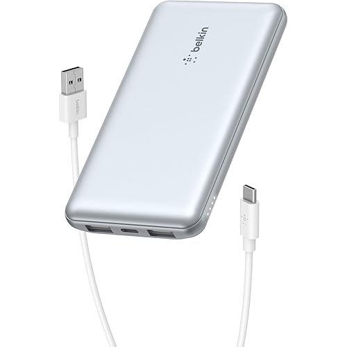 Belkin Portable Charger, USB C Power Bank 10,000mAh w/ 2xUSB-A Ports, 15W w/Type-C to Type-A Cable for iPhone 17, Air, Samsung Galaxy S25, iPad, Nintendo Switch 2, Google Pixel 10, etc. - Pearl Blue