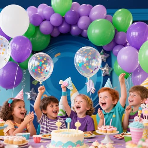 Image of We Moment 12 Inch Purple, Light Green, White Balloons with Chrome Metallic Purple Balloon and Confetti, 50pcs, for Baby Shower Boys' Birthday Party Decoration