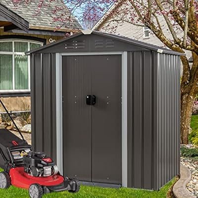 Vongrasig 6x4 FT Outdoor Storage Shed, Metal Garden Shed Clearance with Window and Lockable Door, All-Weather Sloping Roof Tool Shed for Backyard, Patio, Grey