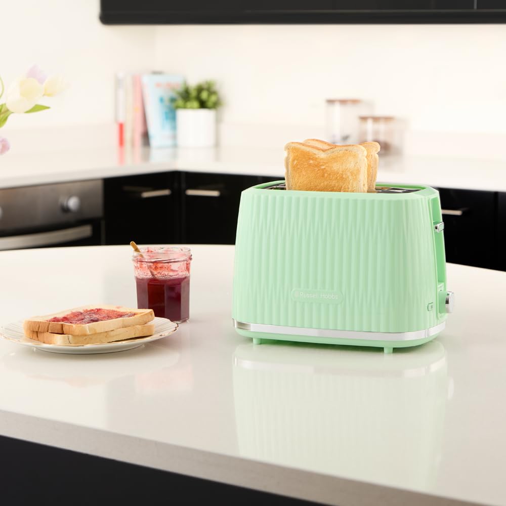 Russell Hobbs Tostapane 2 fette, 6 gradi di doratura, con Pinze, Scongela, Riscalda, Cancella selezione, Vassoio raccogli briciole, Riscalda panini, esterno testurizzato, Eden Pistacchio 27374-56